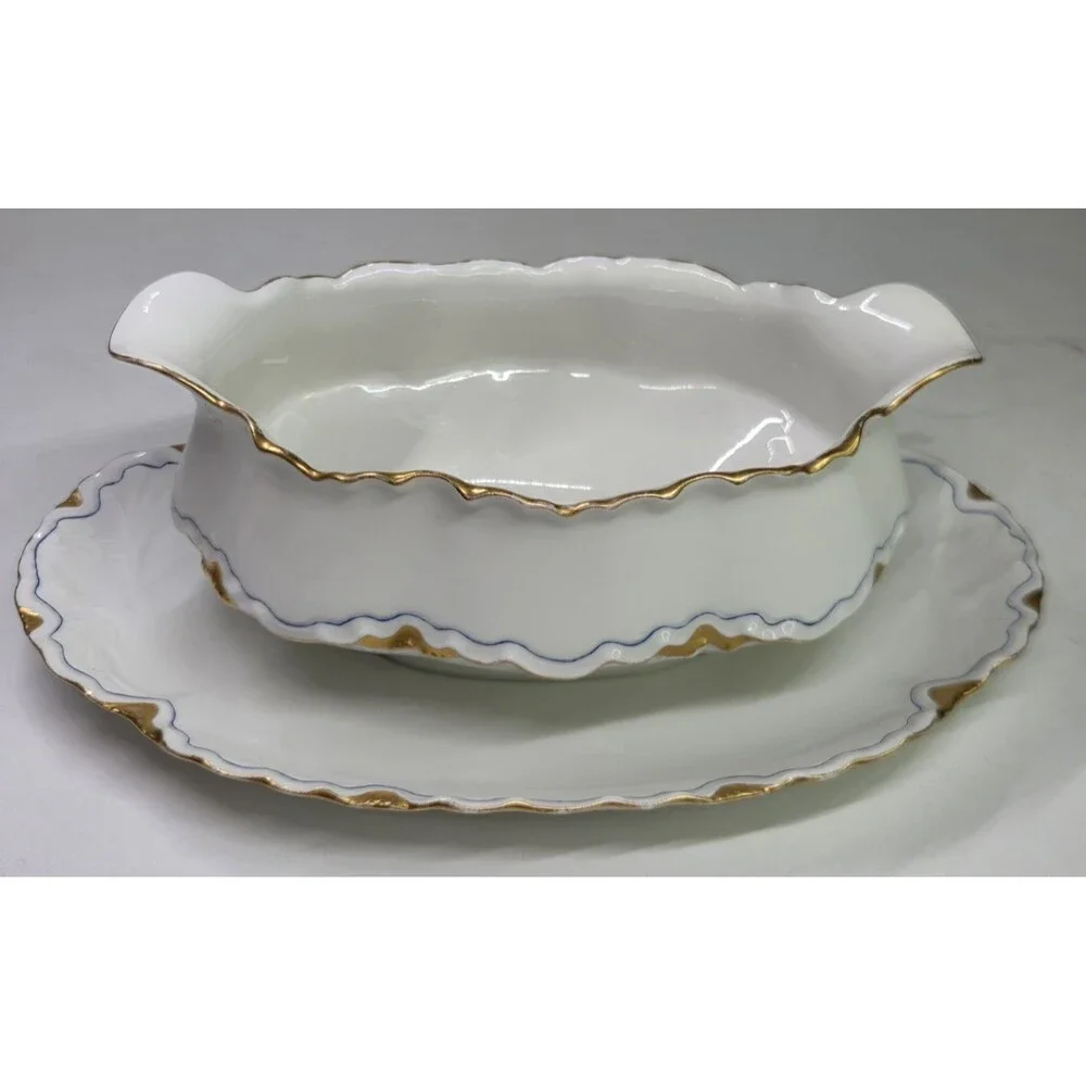 Antique Haviland Limoges Gravy Boat With Attached Under Plate Gold Blue France